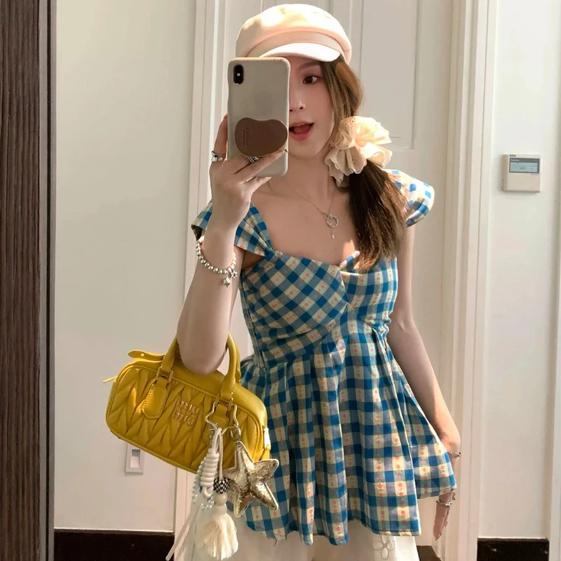 法式甜美方领碎花格子背心衬衫女夏季设计感收腰花苞短上衣