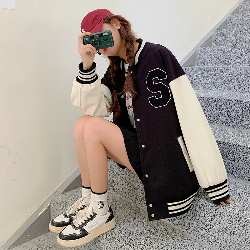 黑色美式棒球服外套女2025春秋新款韩版休闲宽松情侣百搭夹克上衣