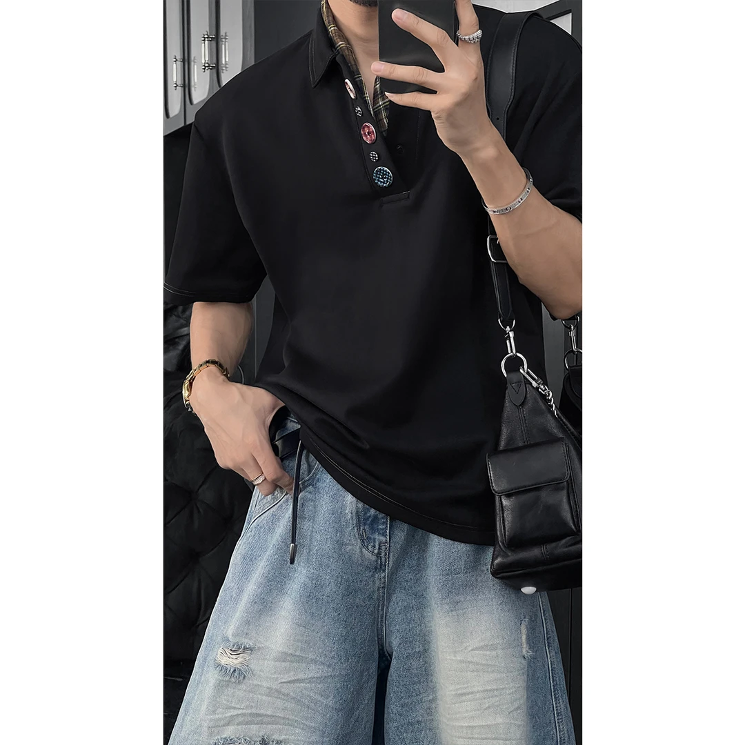 龙叨叨夏季新款潮流设计感彩扣小众宽松百搭Polo领短袖T恤