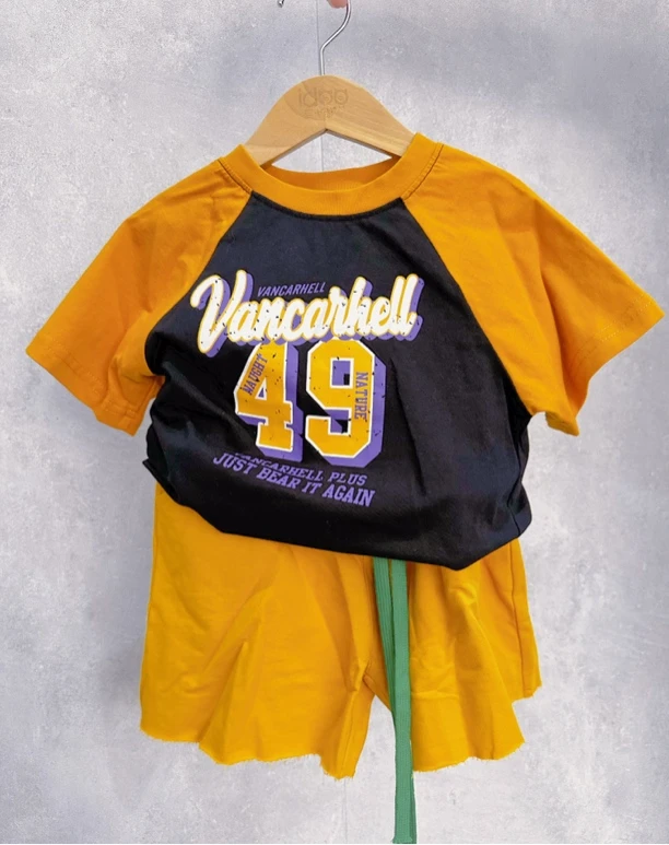 男童薄款夏季套头T 拼接休闲男童印花上衣橘色短裤