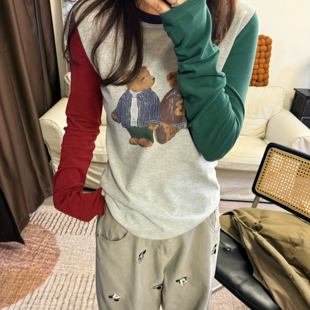 软软磨毛感！韩国东大门代购超减龄舒服撞色大弹力卡通打底t恤衫