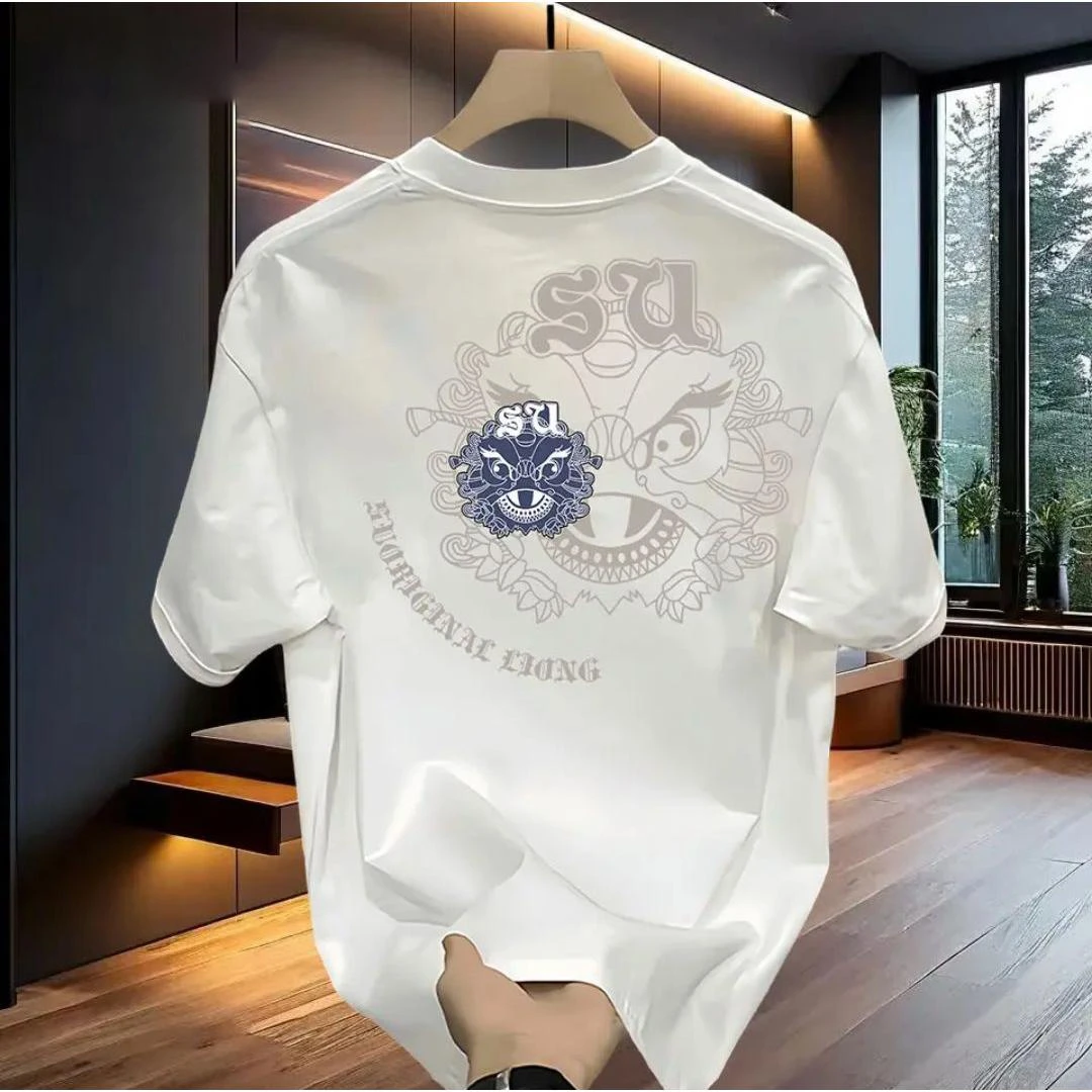 短袖男款T恤上衣夏季痞帅纯棉宽松男醒狮爆款短袖新款圆领美式潮