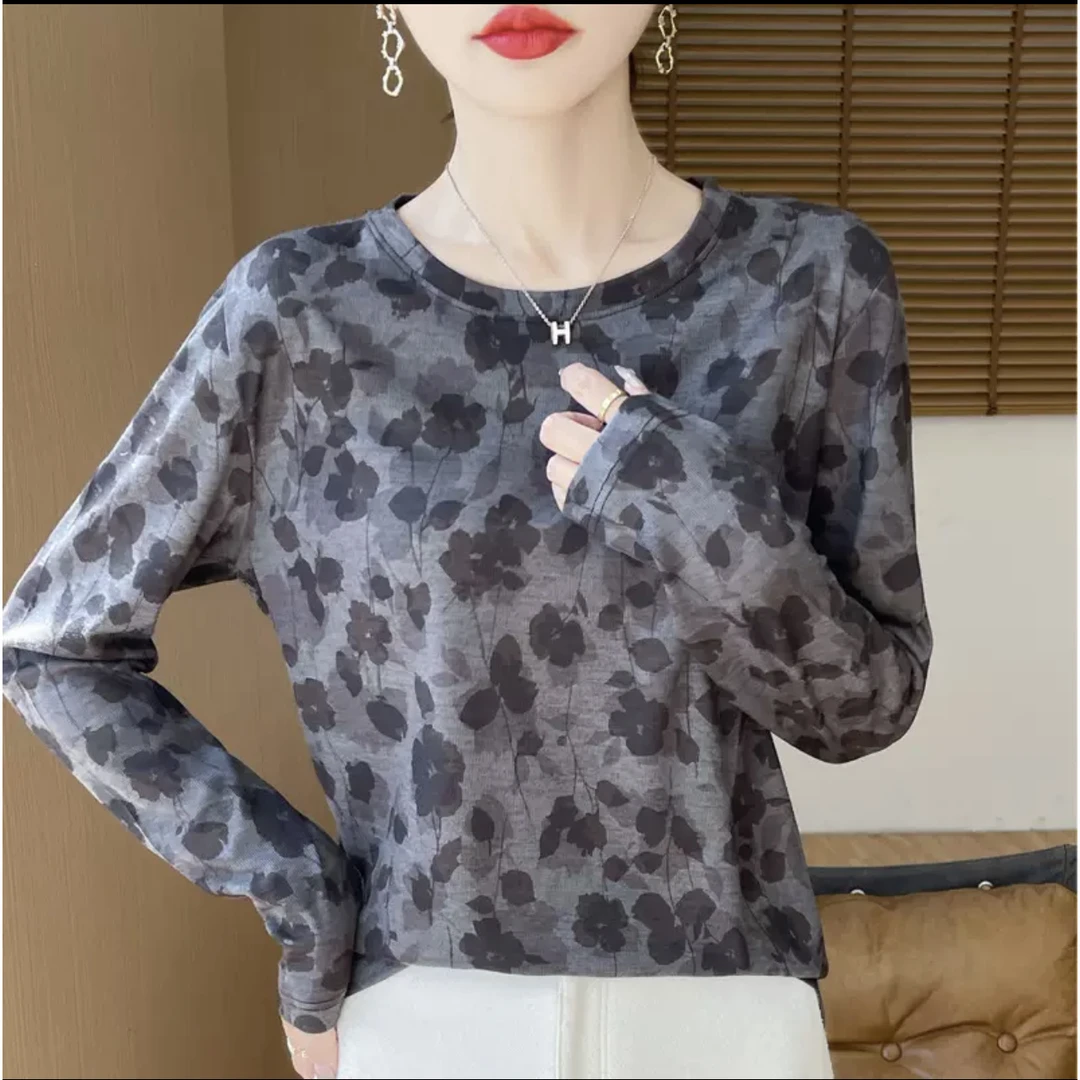 【设计师品牌】扎染印花复古打底衫女修身早秋内搭长袖薄款上衣0012