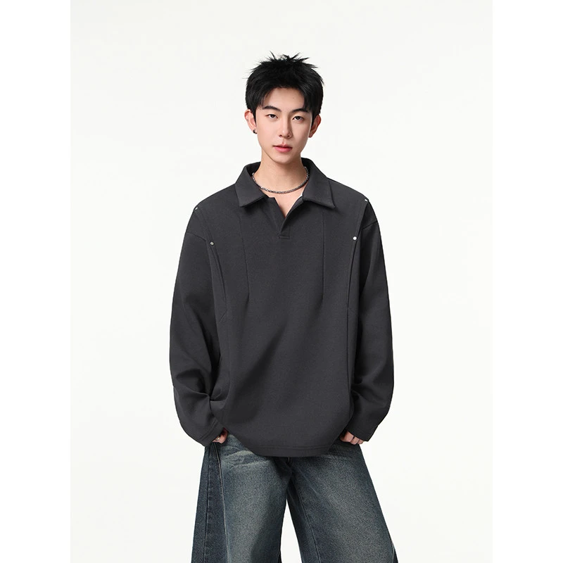 深灰色美式拼接铆钉POLO衫卫衣男秋季潮牌长袖正肩t恤内搭打底衫