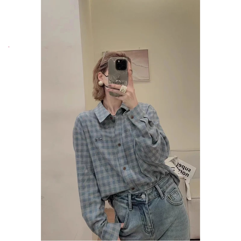 韩系蓝色格子衬衫复古简约春季磨毛上衣女2025新款松弛感衬衣