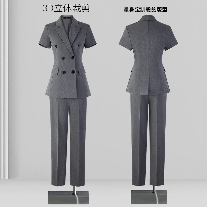灰色短袖西装套装女夏季薄款工装面试职业正装酒店经理工作服西服