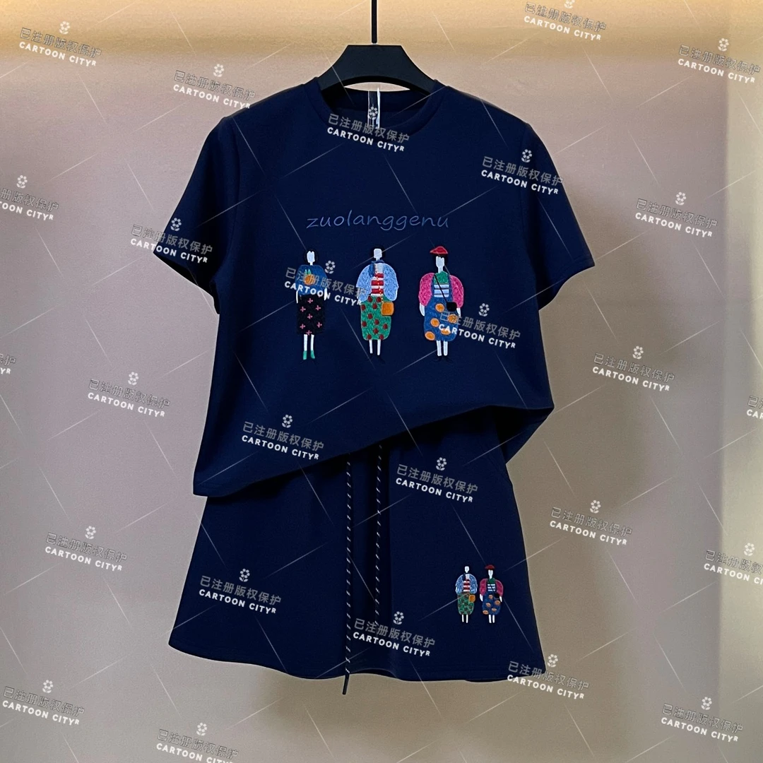 豆豆WMA-A92<原创系列>丨<刺绣卡通人物>宽松版夏季T恤短裙套装