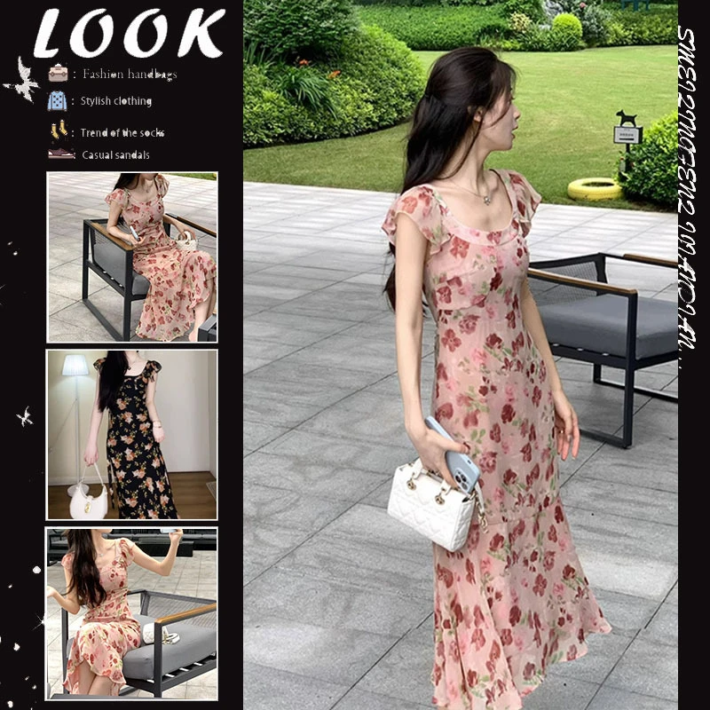 法式复古度假风小飞袖碎花连衣裙夏季小众设计高级感收腰气质长裙