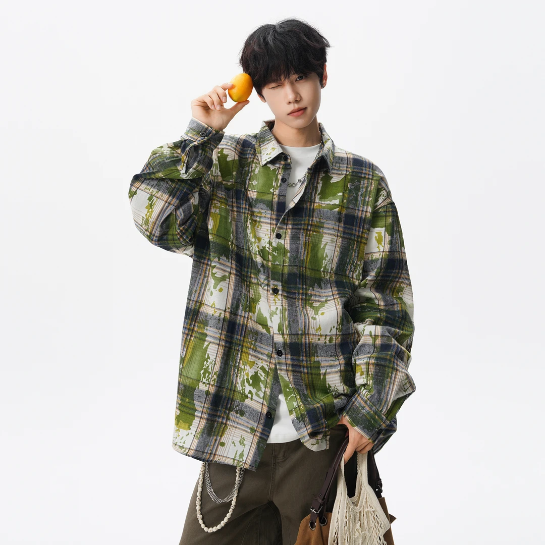 美式扎染格子长袖衬衫男女2025秋季新款潮牌宽松休闲痞帅衬衣外套