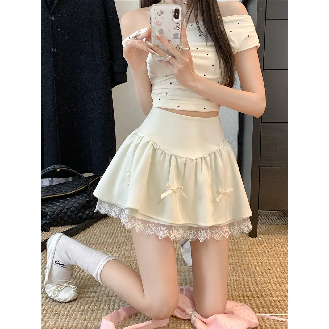 【柔柔】春季新款蕾丝花边蝴蝶结高腰半身裙春季