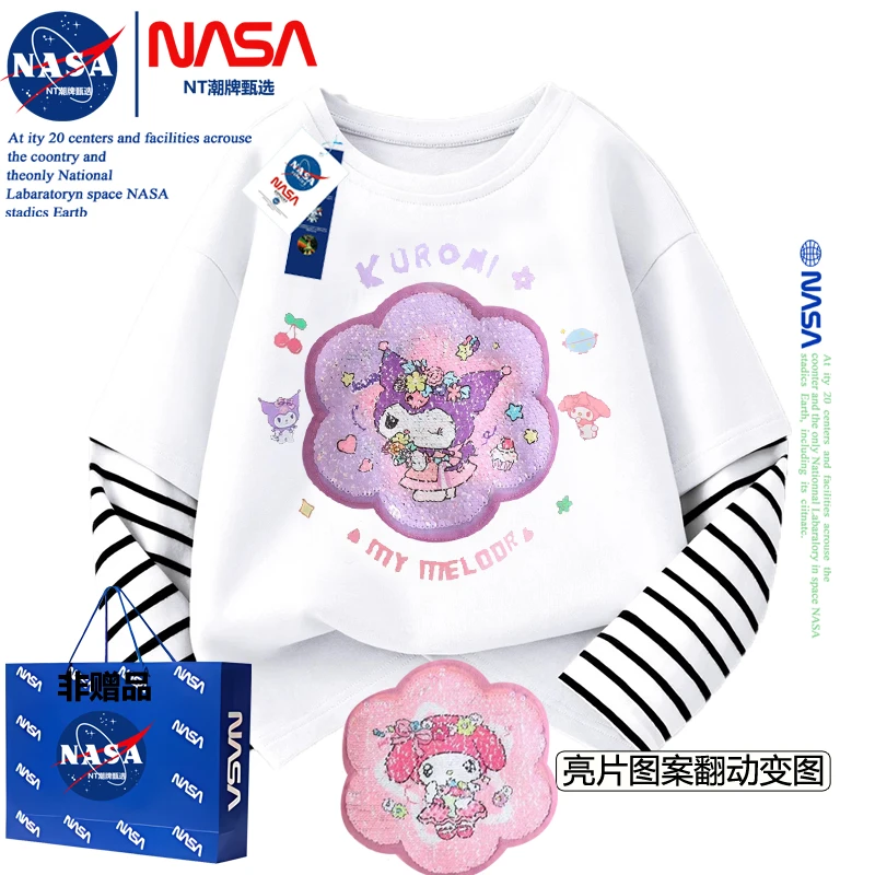 2025春秋女孩库洛米亮片可翻拼接纯棉上衣童装美乐蒂百搭打底衣服