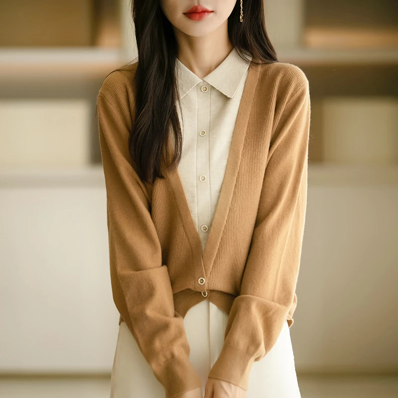 翻领假两件针织衫气质长袖百搭宽松秋季638-FNN