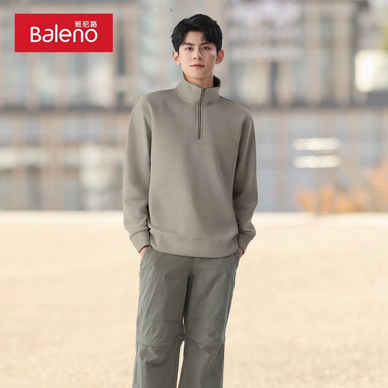 班尼路大地色系半开衫卫衣男春秋时尚潮流宽松半拉链套头上有PCB