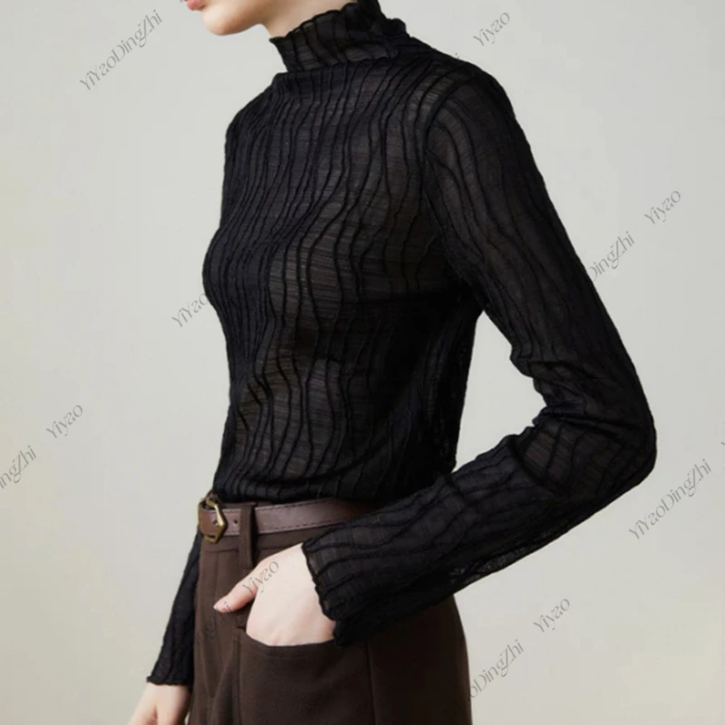 【亦瑶专属】木耳领黑色显瘦洋气修身半高领上衣4QCMY6809