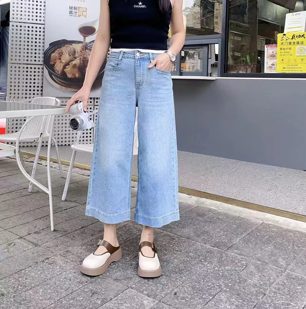 中腰宽松显瘦直筒牛仔裤女春季百搭小个子阔腿裤
