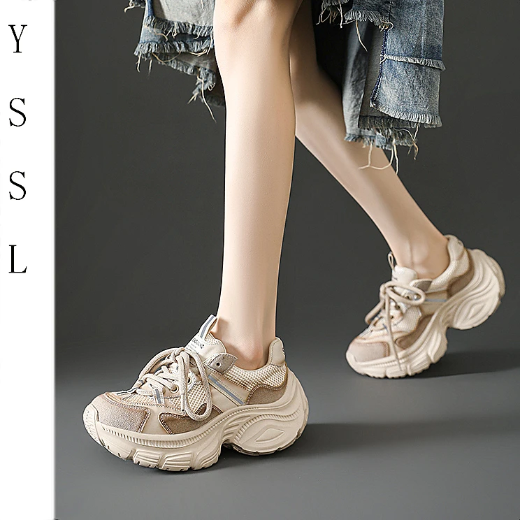【原始森林】头层牛皮网面透气女鞋6cm跟高米白色老爹鞋休闲运动鞋