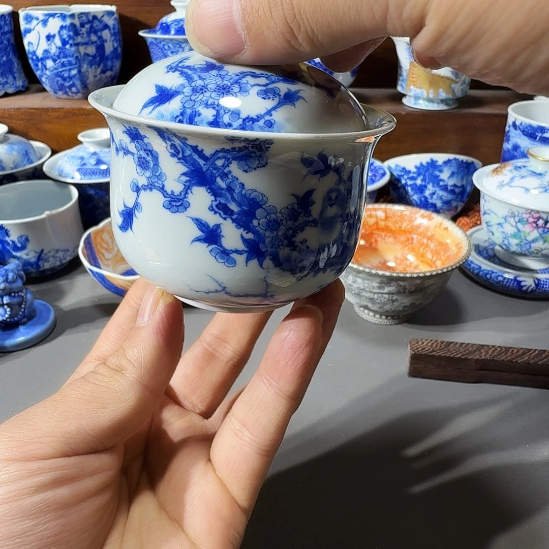 泥塑盖碗手工手绘微不合缝