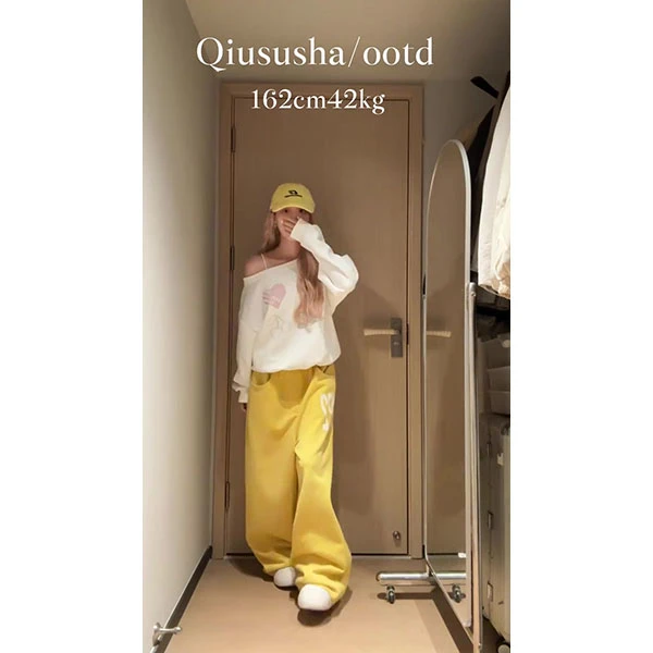 美式复古爱心字母烫钻斜肩长袖卫衣女宽松休闲百搭上衣长裤套装