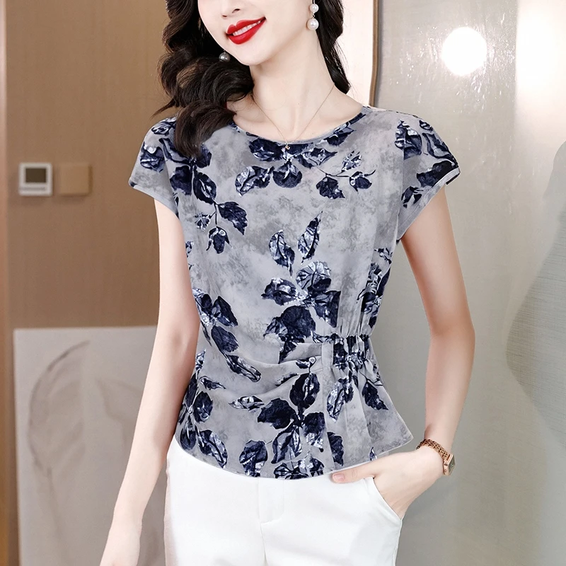 碎花短袖t恤女装洋气减龄小衫夏季新款妈妈收腰雪纺上衣短款体恤