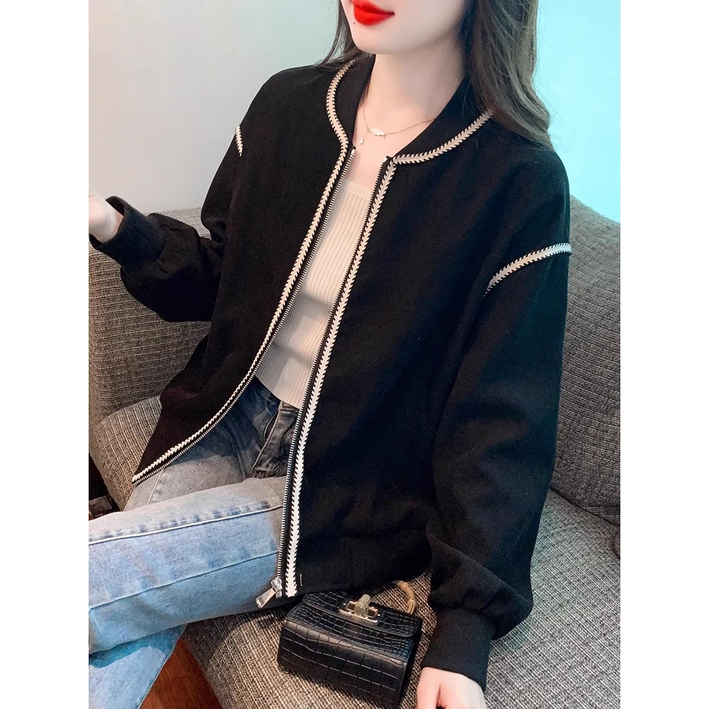 黑色小香风洋气高端撞色外套女2025早春韩版宽松休闲开衫小众上衣
