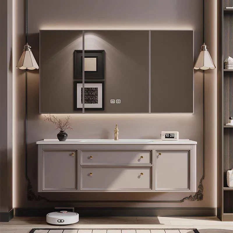 法式浴室柜岩板无缝陶瓷盆洗手池卫生间定制洗脸盆柜洗漱台