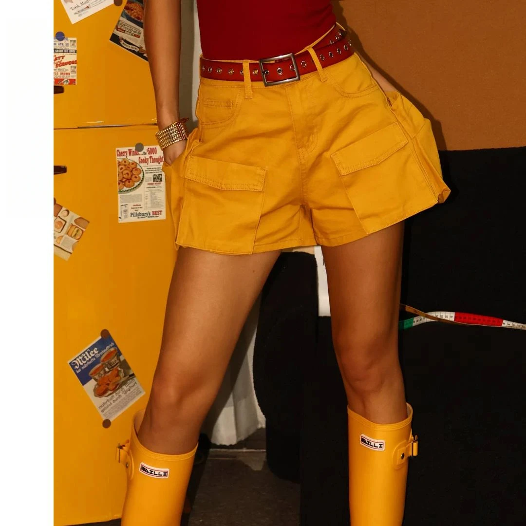 (落日骑士)美式复古中高腰短裤多口袋提美式提臀工装