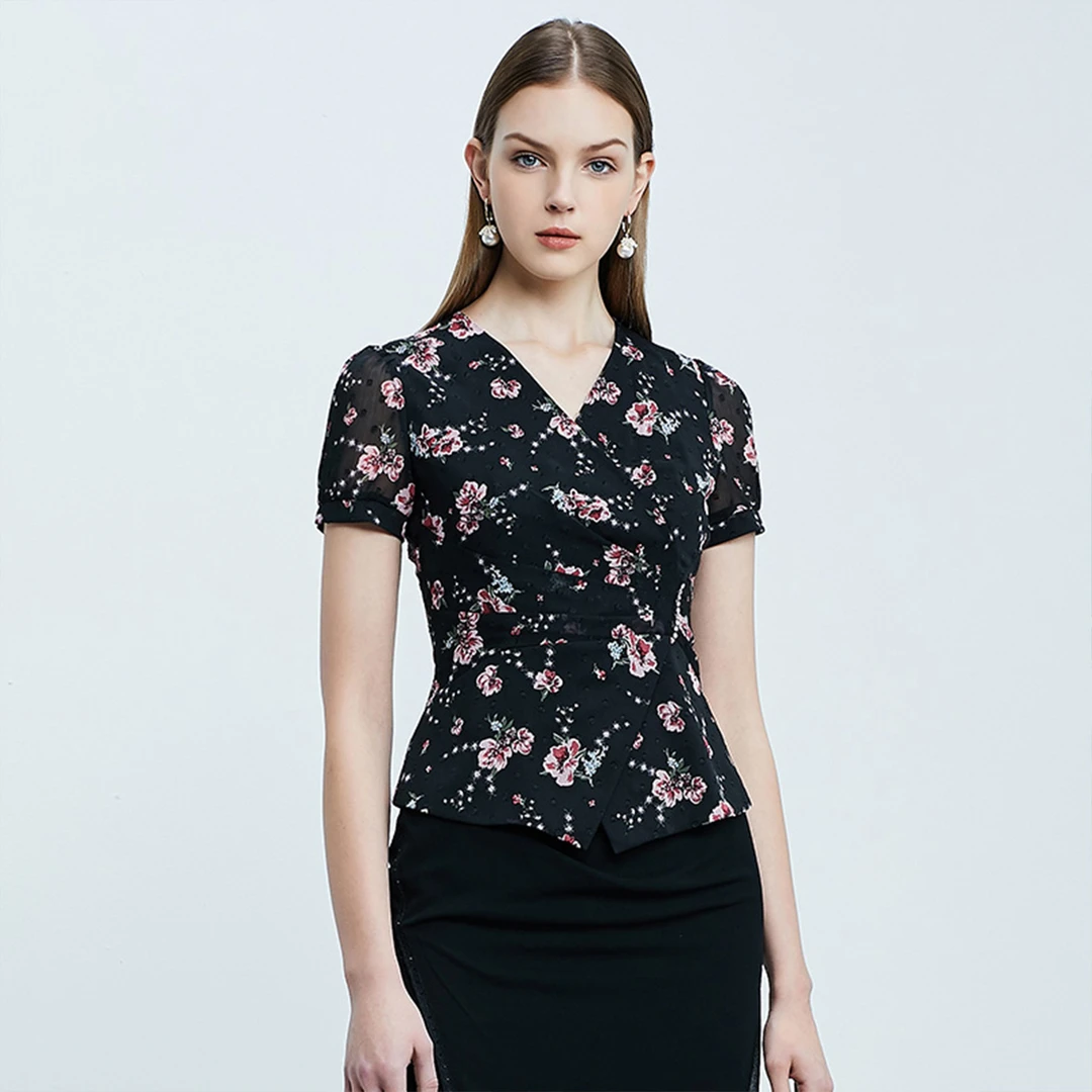 SUSSI/古色【繁花港线】黑底印染前交叉V领腰侧钉钻短袖上衣