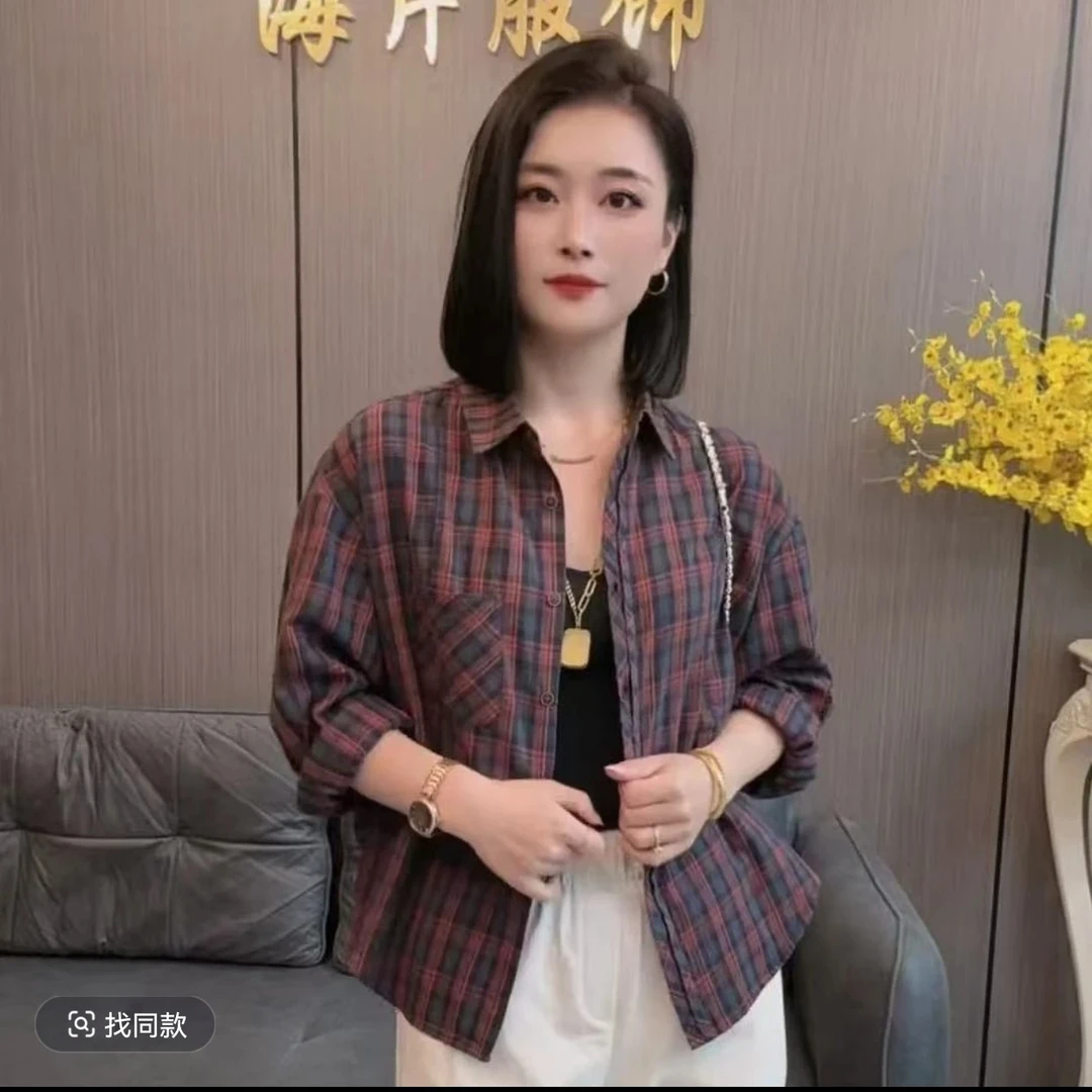 2025新款女士秋季长袖休闲衬衫时尚宽松显瘦减龄百搭格子衬衣