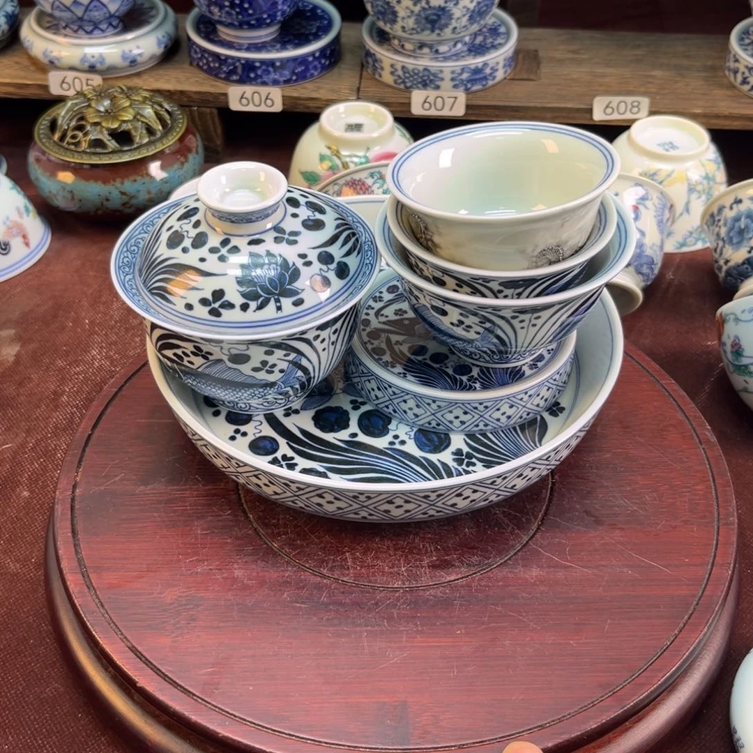 莫*元青花鱼藻纹5件套带礼盒加墨龙小压手杯