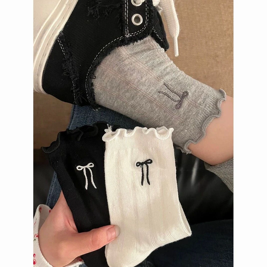 少女耳边薄款夏季透气蝴蝶结堆堆网眼日系女士中筒袜子甜美发完jk