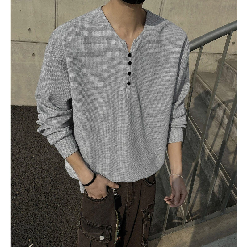 灰色华夫格亨利衫V领长袖t恤男春秋款卫衣内搭高级感POLO领打底衫