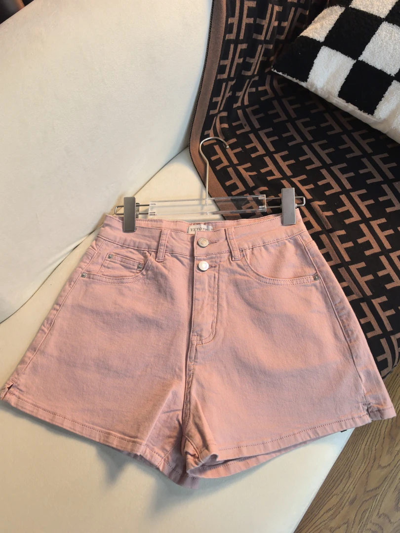 1083-粉色牛仔短裤女夏季薄款双扣高腰显瘦辣妹超短a字热裤子