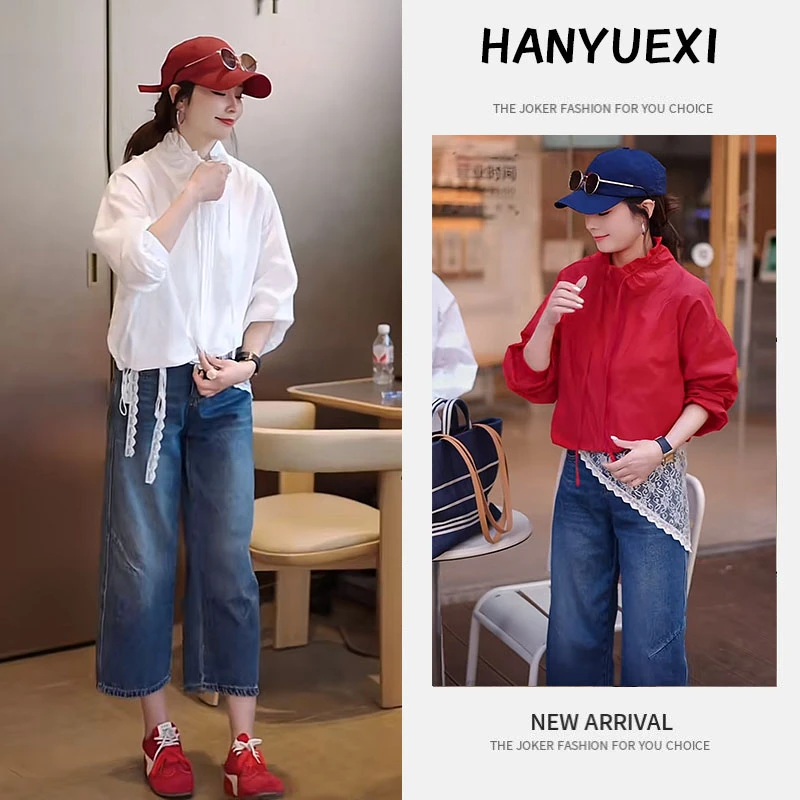 今年流行夏季穿搭一整套2025新款防晒冲锋衣外套高腰牛仔裤两件套