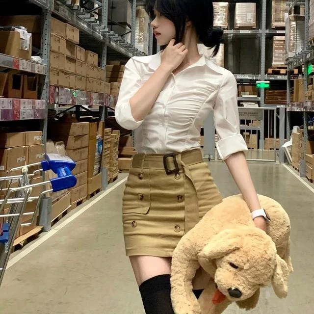 辣妹纯欲风jk制服收腰衬衫女修身衬衣显瘦纽扣半身包臀短裙套装秋