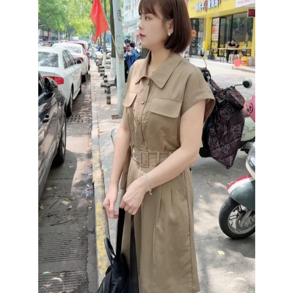 夏季气质衬衫领翻领收腰腰带麻麻连衣裙