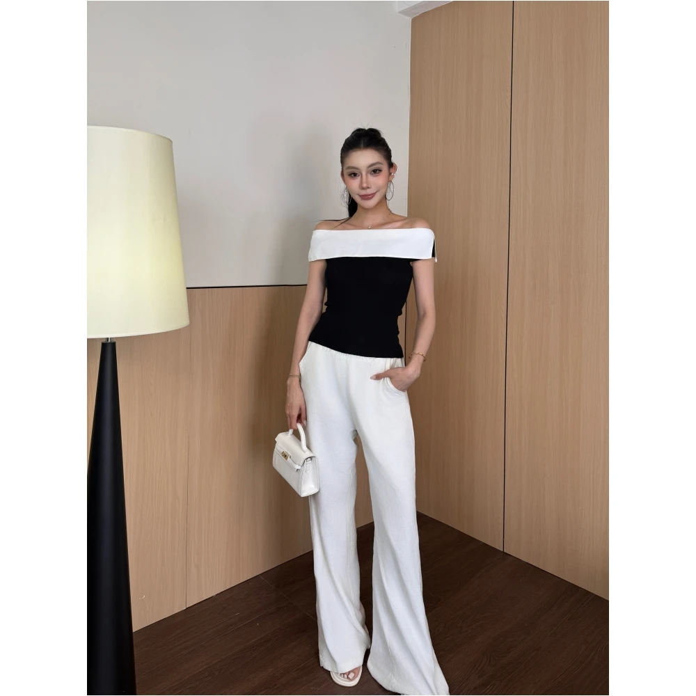 法式气质撞色一字肩短袖T恤女夏天修身显瘦别致小衫露肩气质上衣