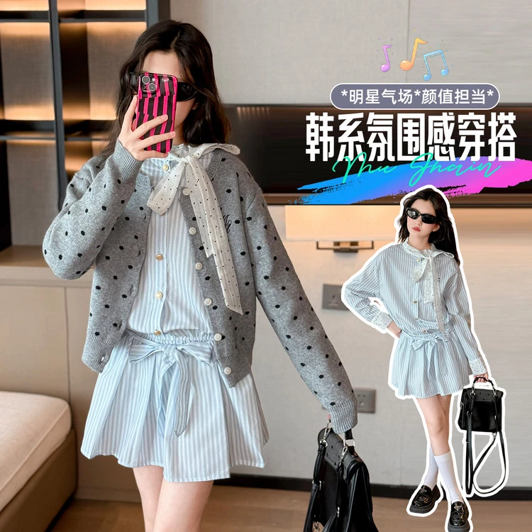 连衣裙甜美风春秋冬蝴蝶结圆点女童中大童