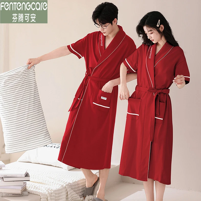芬腾可安情侣睡袍夏季纯棉短袖薄款男女浴袍晨袍夏天吸水全棉浴衣