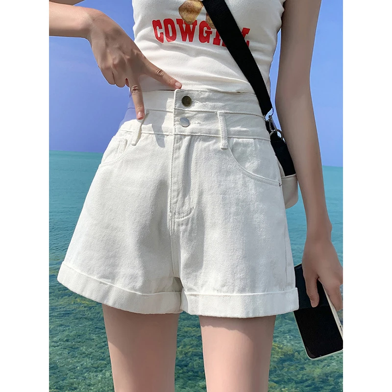 高腰卷边牛仔短裤女夏季2025年新款宽松显瘦阔腿a字百搭黑色裤子