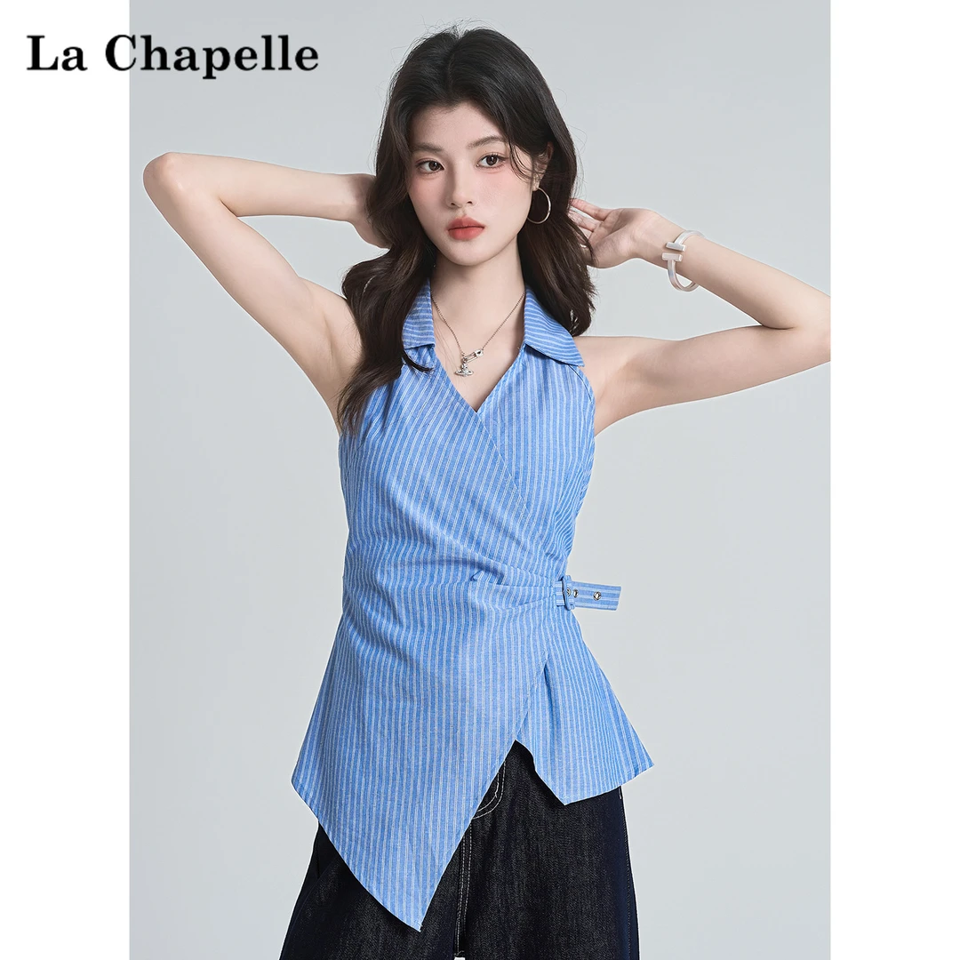 拉夏贝尔设计感条纹polo领无袖衬衫女2025夏季新款不规则气质上衣