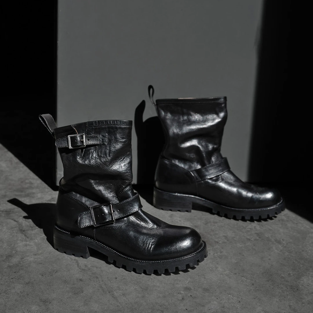马皮复古厚底短靴女2025秋冬新款皮带扣英伦风马丁靴粗跟机车靴