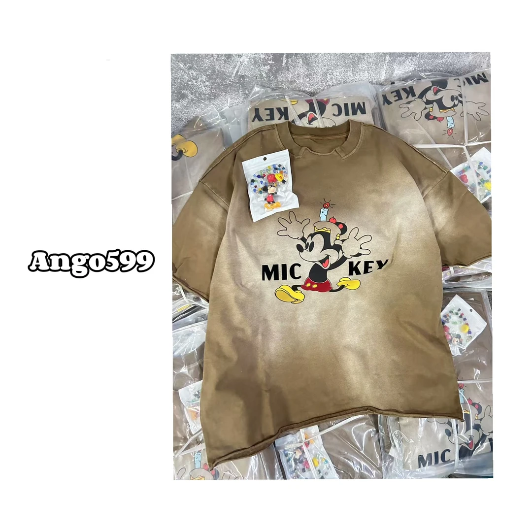 奔跑MK* 小众设计师款做旧水洗可爱卡通印花休闲慵懒风短袖+链子