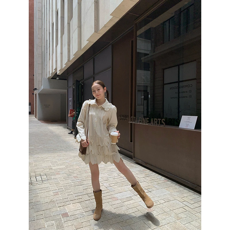 十三行春季气质娃娃领花瓣衬衫裙长袖连衣裙女F1977