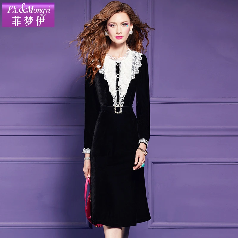 菲梦伊法式宫廷风秋冬新款刺绣拼接优雅时尚收腰名媛连衣裙60110