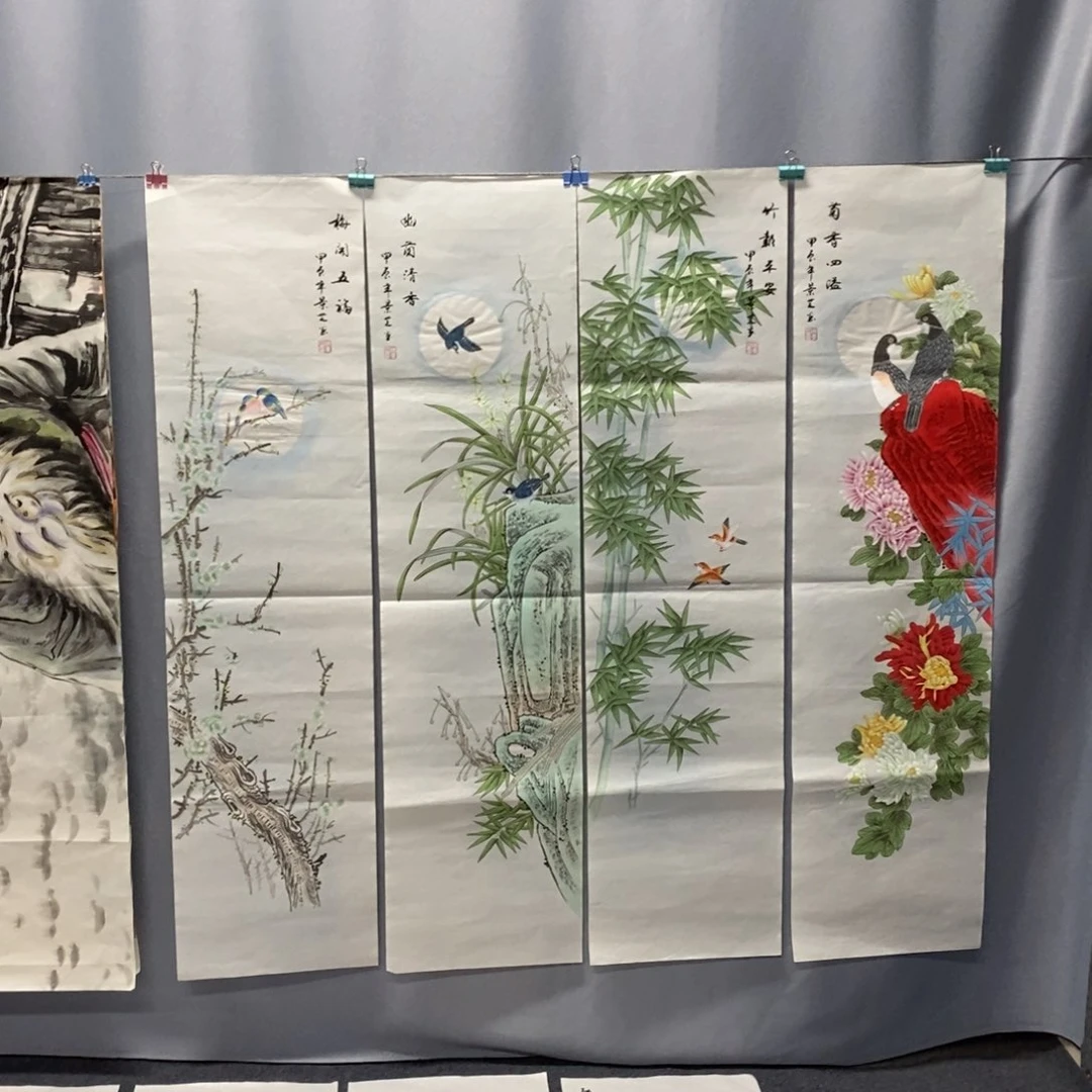 国画140✖️35工笔精品梅兰竹菊四条屏