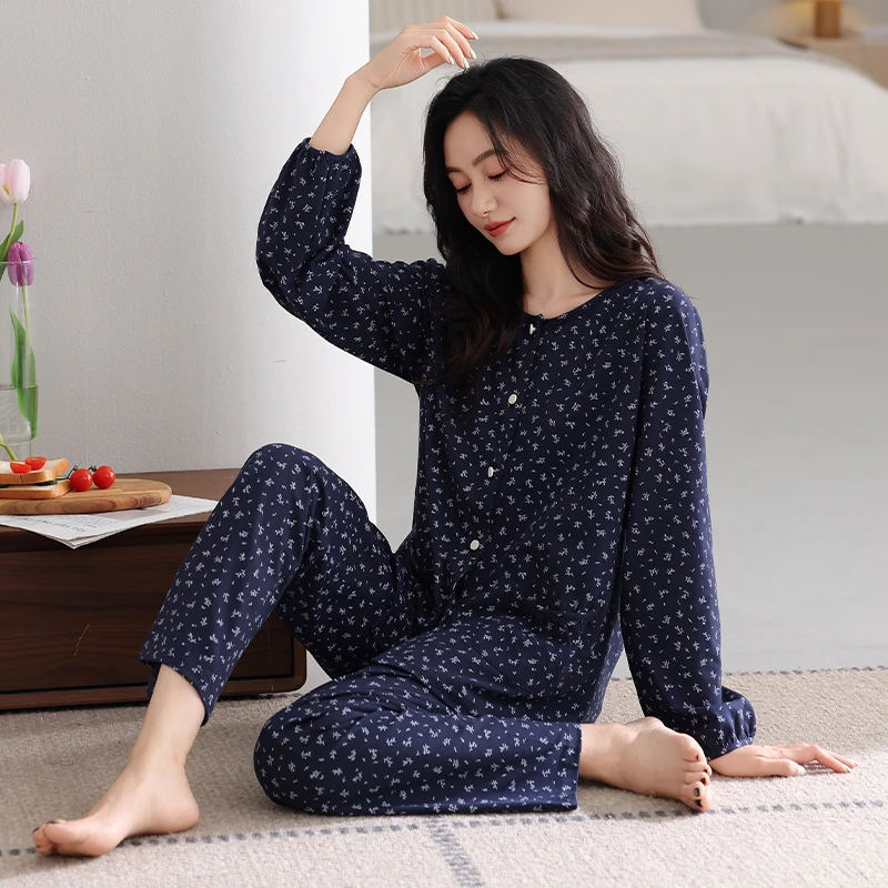 纯棉春秋季睡衣女长袖长裤圆领开衫妈妈可外穿亲肤舒适家居服套装