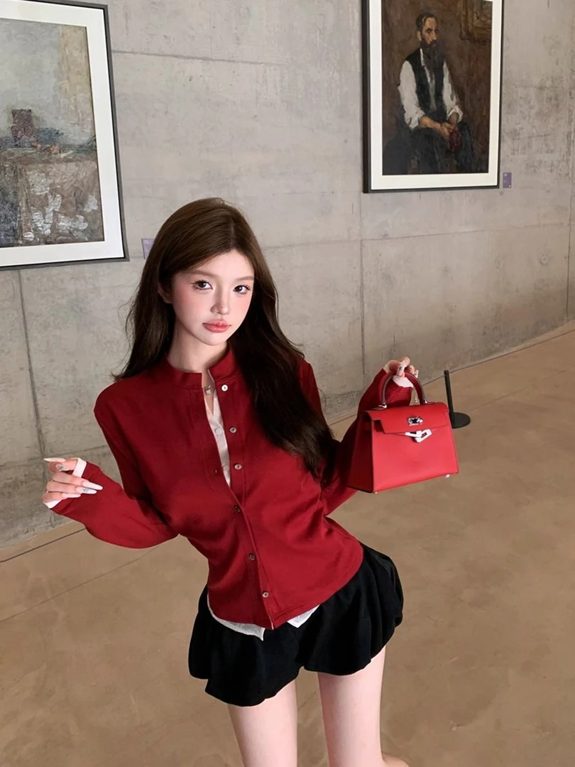 纽扣修身设计感撞色气质假两件长袖T恤女装秋季收腰显瘦百搭上衣