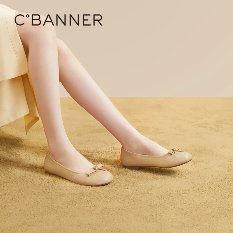 千百度平底单鞋秋季小香风晚晚鞋温柔风鞋子芭蕾舞真皮A23439609
