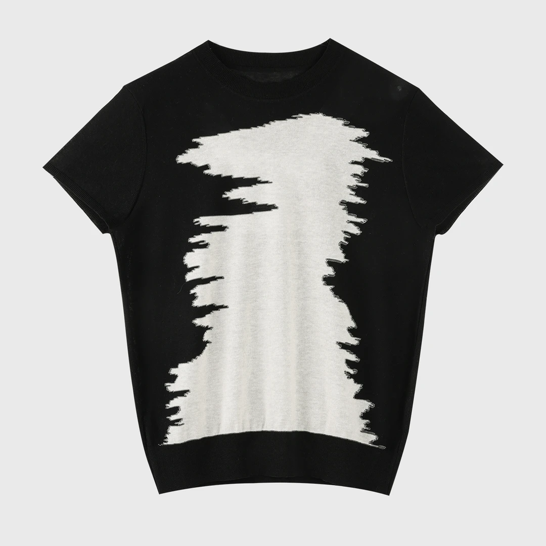 小众设计感不规则图案春夏短袖针织衫女时尚撞色宽松遮肉百搭上衣