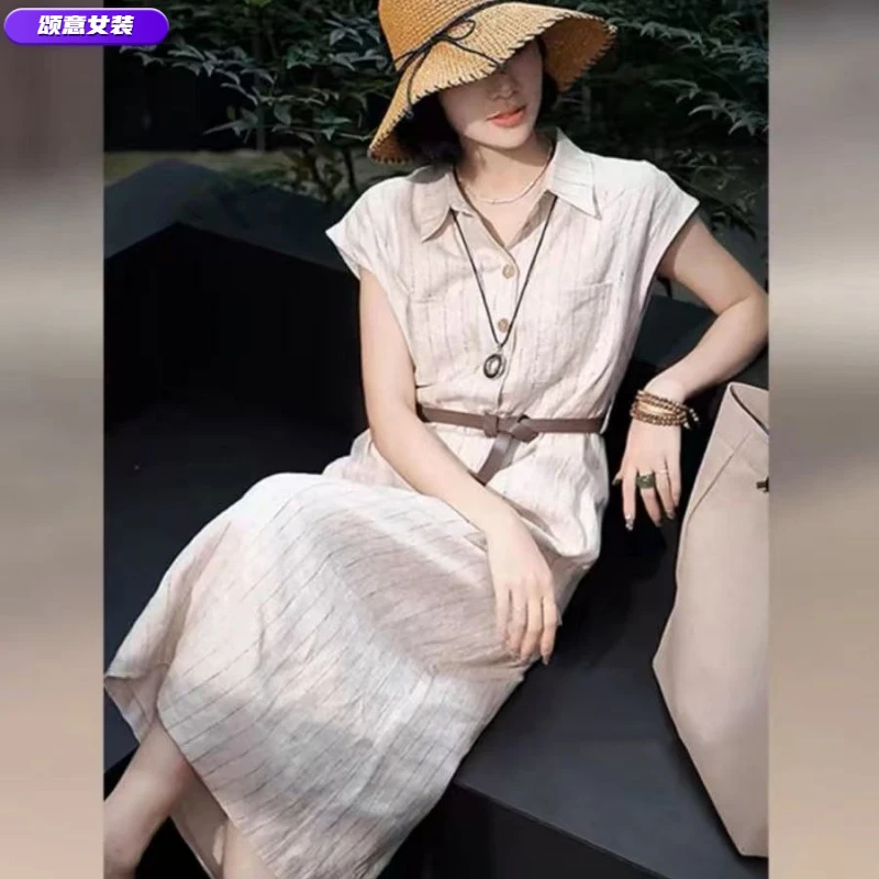 法式条纹设计感亚麻气质连衣裙2025年夏季轻奢高端轻熟风减龄长裙